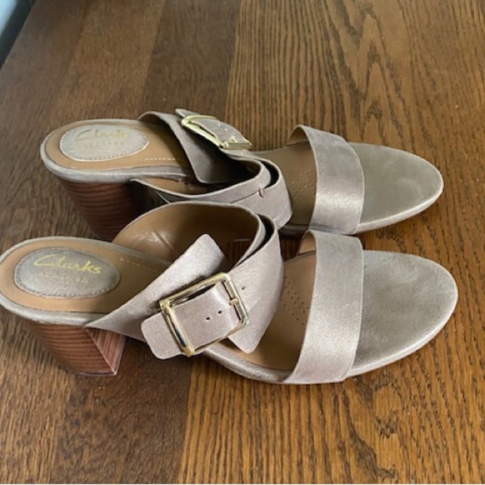 CLARKS Ralene-Rose Champagne Gold Leather Open Toe Strap Heeled Sandal